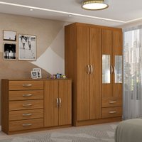 Guarda-Roupa Solteiro Mason 4 Portas 2 Gavetas e Espelho com Cômoda 2 Portas 5 Gavetas Cinamomo - Panorama Móveis
