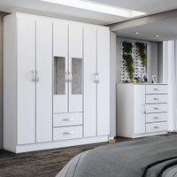 Guarda-Roupa Casal Adam 6 Portas 2 Gavetas e Espelho com Cômoda 1 Porta 5 Gavetas Branco - Panorama Móveis