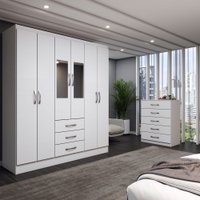 Guarda-Roupa Casal Emma 6 Portas 3 Gavetas e Espelho com Cômoda 5 Gavetas Branco - Panorama Móveis
