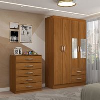 Guarda-Roupa Solteiro Eden 4 Portas 2 Gavetas e Espelho com Cômoda 5 Gavetas Cinamomo - Panorama Móveis
