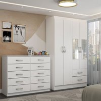 Guarda-Roupa Solteiro Hazel 4 Portas 2 Gavetas e Espelho com Cômoda 10 Gavetas Branco - Panorama Móveis