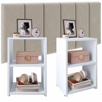 Kit Quarto 2 Mesinhas Bella Prateleira Criado Retrô Branco Cabeceira Estofada Júlia Bege Suede 1,40 Cama Box Casal - RPM