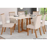 Sala de Jantar Completa Natalí c/ Tampo Madeirado c/ Vidro Reto 160x90cm e 6 Cadeiras Vita Nature/Linho - Henn