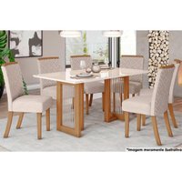 Sala de Jantar Completa Yara Com Tampo Madeirado Com Vidro Reto 160x90cm e 6 Cadeiras Malu Nature/Linho - Henn