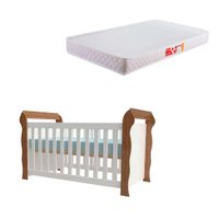 Berço Minicama Lara Branco e Madeira com Colchão Infantil Baby Liso D18 (10x70x130) Branco