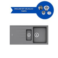 Cuba De Cozinha Em Quartzo Schock By Arell 203e + Válvula de Inox com Cesto e Tampa Decorativa Cinza/Inox