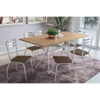 Sala de Jantar Completa Loire c/ Tampo de Madeira 160cm + 6 Cadeiras Portugal Cromada/Capuccino - Kappesberg