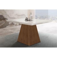 Mesa Para Cozinha Luna c/ Tampo 90x90cm Flex Madeirado Vidro Canto Curvo Rufato Imbuia/Ripado 3D/Off White