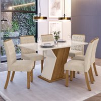 Conjunto Sala de Jantar Tampo MDF C/ Vidro Canto Arredondado 160 Cm 6 Cadeiras Juanita  Casa 812