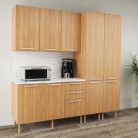 Cozinha Compacta Jasmine 9 Portas e 3 Gavetas com Divisor de Talheres Freijó/Mármore Branco - Tecnomobili