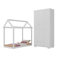 Quarto Infantil com Cama Montessoriana/Colchão/Guarda-Roupas Algodão Doce Multimóveis MX4276 Branco