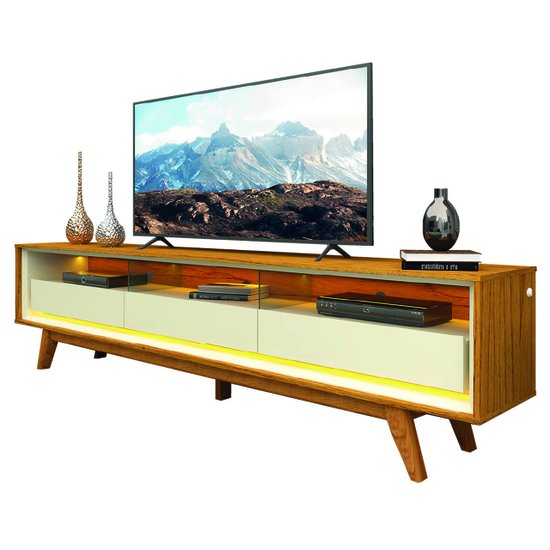 Rack Bancada Para TV Até 90 Polegadas Com LED Requinte Madeirado/Off White Gelius
