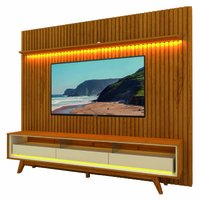 Rack Bancada Requinte Com Painel Ripado Para TV Até 90 Polegadas LED Nobre Madeirado/Off White Gelius