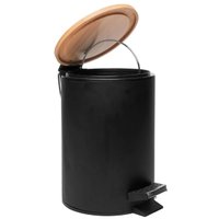 Lixeira 5L Metal Redonda com Pedal Preta Tampa Bambu Balde Interno Banheiro