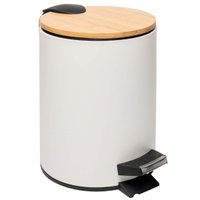 Lixeira 5L Metal Redonda com Pedal Branca Tampa Bambu Balde Interno Banheiro Genebra
