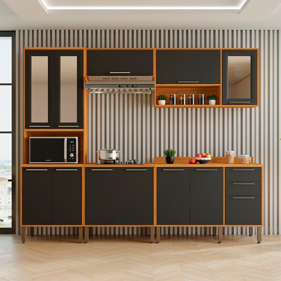 Cozinha Compacta para Cooktop 5 Peças 12 Portas 2 Gavetas Paris Sallêto Móveis Cinamomo com Grafite