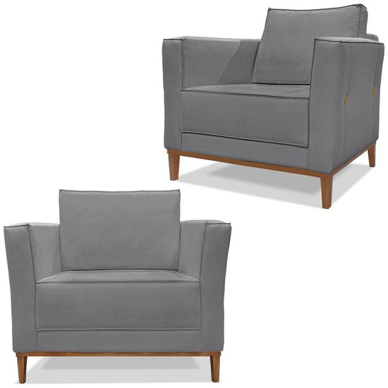 Conjunto 2 Poltronas Decorativas Balli Pes Madeira Linho Cinza Ezz