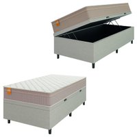 Cama Box Baú Solteiro Colchão Molas Qatar 88x188x63cm Bege/Branco Inducol - Suporta Até 200 Kg Por Pessoa