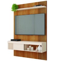 Painel Ripado Para TV Até 45 Polegadas Com Prateleira e Nicho Manu Madeirado/Off White Caemmun