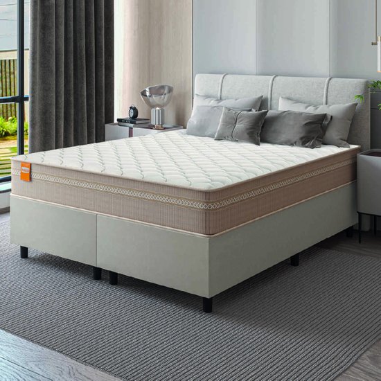 Cama Box Casal Queen Colchão Molas Qatar 158x198x60cm Bege/Branco Inducol - Suporta Até 200 Kg Por Pessoa