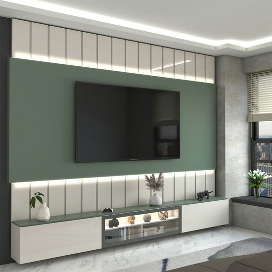Painel para TV 85 Polegadas Imperator 3 Portas 100% Mdf com Led Off White/Verde - Panorama Móveis