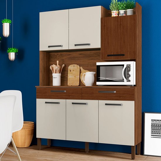 Armário de Cozinha Modena 6 Portas 2 Gavetas Ripado 3D Nogueira/Off White - Kits Paraná