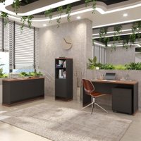 Conjunto Escritório Office 4 Peças Mesa Gaveteiro Armário Buffet Berlin - ViaNossa - Preto e Naturale
