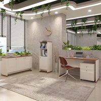 Conjunto Escritório Office 4 Peças Mesa Gaveteiro Armário Buffet Berlin - ViaNossa - Off White e Naturale