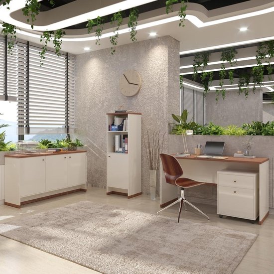 Conjunto Escritório Office 4 Peças Mesa Gaveteiro Armário Buffet Berlin - ViaNossa - Off White e Naturale