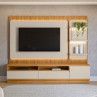 Rack com Painel para TV Até 70 Polegadas São Paulo 2 Gavetas 1 Porta Ripado com Led Tauari/Off White Fosco - Linea