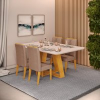 Conjunto Sala de Jantar 4 Cadeiras Tampo Curvo DJ Móveis Kiara Cedro Yasmin Veludo Kraft