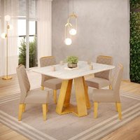 Conjunto Sala de Jantar 4 Cadeiras Tampo Sem Vidro DJ Móveis Kiara Cedro Quartzo Lidia Veludo Kraft