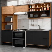 Cozinha Compacta Laura 7 Portas 3 Gavetas com Vidro 100% Mdf Freijo/Nero - Mx Móveis