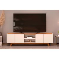 Rack Bancada p/ TV até 75 Polegadas Nadine c/ Nicho 220x60cm Off White/Freijó - DJ Móveis