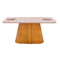 Mesa de Sala Jantar Ryze c/ Tampo Madeirado Vidro Curvo 180x100cm Cedro/Off White - DJ Móveis