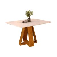 Mesa de Sala Jantar Celeste c/ Tampo Madeirado Vidro Curvo 120x90cm Cedro/Off White - DJ Móveis
