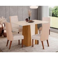 Sala de Jantar Completa Orus Tampo Madeirado c/ Vidro 120x80cm e 4 Cadeiras Anne Nature/Courano/Creme - Henn