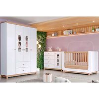 Quarto Infantil Completo Aconchego 3 Peças (1 Guarda Roupa + 1 Berço + 1 Cômoda) QI80 Branco/Jequitiba - Henn