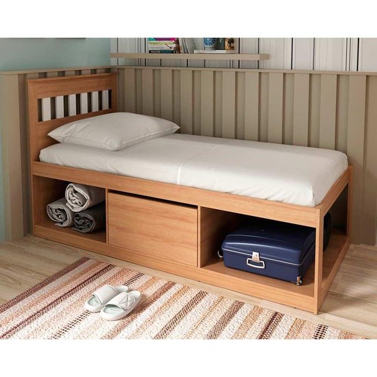 Cama Solteiro Multifuncional c/ Nichos e Baú CM8037 Amêndoa/Branco - Tecno Mobili