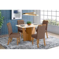 Sala de Jantar Completa Vértice Tampo Madeirado c/ Vidro Canto Reto 120x80cm e 4 Cadeiras Bella Nature/Amêndoa - Henn