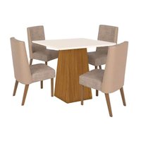 Sala de Jantar Completa Dora Tampo Madeirado 90x90cm e 4 Cadeiras Anne Nature/Courano/Creme - Henn