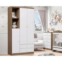 Guarda Roupa 3 Portas Bala de Menta c/ e 2 Gavetas Rústico/Branco - Henn