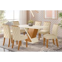 Sala de Jantar Completa Solus Tampo Madeirado c/ Vidro Canto Reto 160x90cm e 6 Cadeiras Vita Nature/Linho - Henn