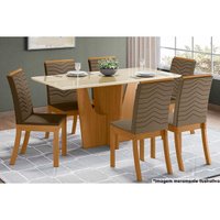 Sala de Jantar Completa Vértice Tampo Reto Madeirado c/ Vidro 160x80cm e 6 Cadeiras Isa Nature/Suede Light Bege - Henn