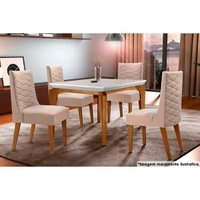 Sala de Jantar Completa Londrina c/ Tampo Madeirado c/ Vidro 120x80cm e 4 Cadeiras Dafne Capuccino/Suede Creme - Rufato