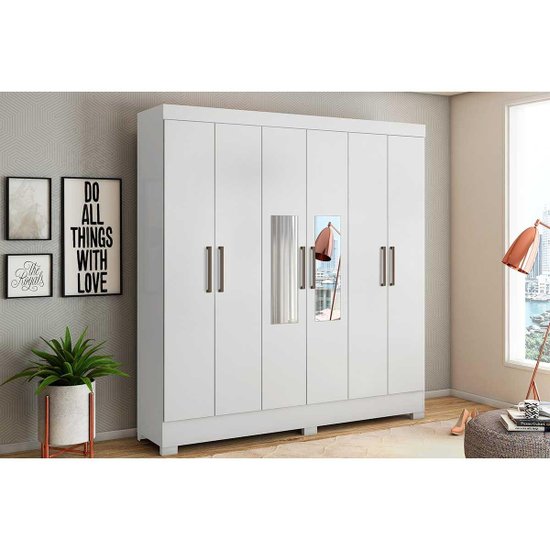 Guarda Roupa 6 Portas  e 3 Gavetas c/ Espelho Prático Branco - Demóbile