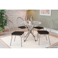 Sala de Jantar Completa Volga c/ Tampo de Vidro 95x95cm e 4 Cadeiras Noruega Niquel - Preto - Kappesberg