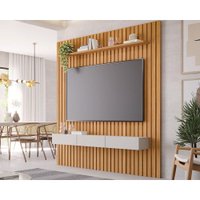 Rack Bancada c/ Painel p/ TV até 65 Pol Maragogi Ripado 1 Porta e 2 Gavetas 185x220cm Nature/Off White - Permóbili