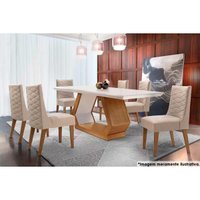Sala de Jantar Completa Alvorada c/ Tampo Madeirado c/ Vidro 180x90cm e 6 Cadeiras Dafne Capuccino/Suede Creme - Rufato