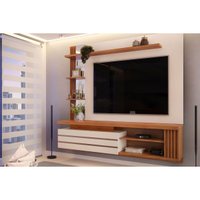 Rack Bancada c/ Painel p/ TV até 55 Pol Marin 1 Porta e Torre Ripada 160x153cm Off White/Freijó - DJ Móveis